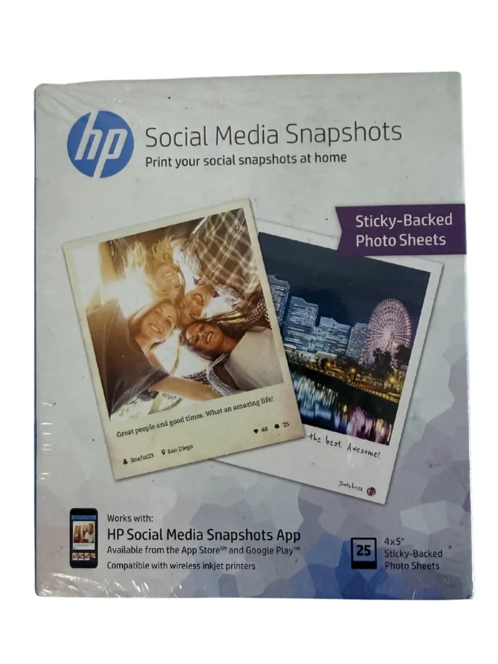 HP Social Media Snapshots Sticky Backed Photo Sheets 4x5 25 Count K6B83A NIP